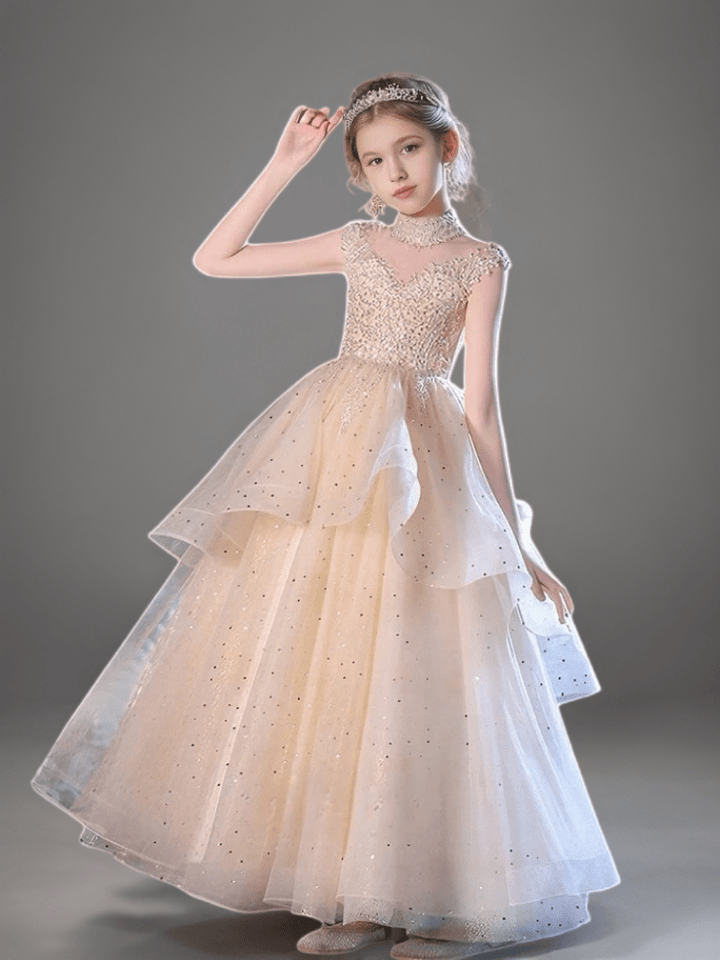Champagne Layered Tulle Flower Girl Dress with Beaded Bodice – Elegant Sparkly Flower Girl Dress Plus Size - WonderlandByLilian