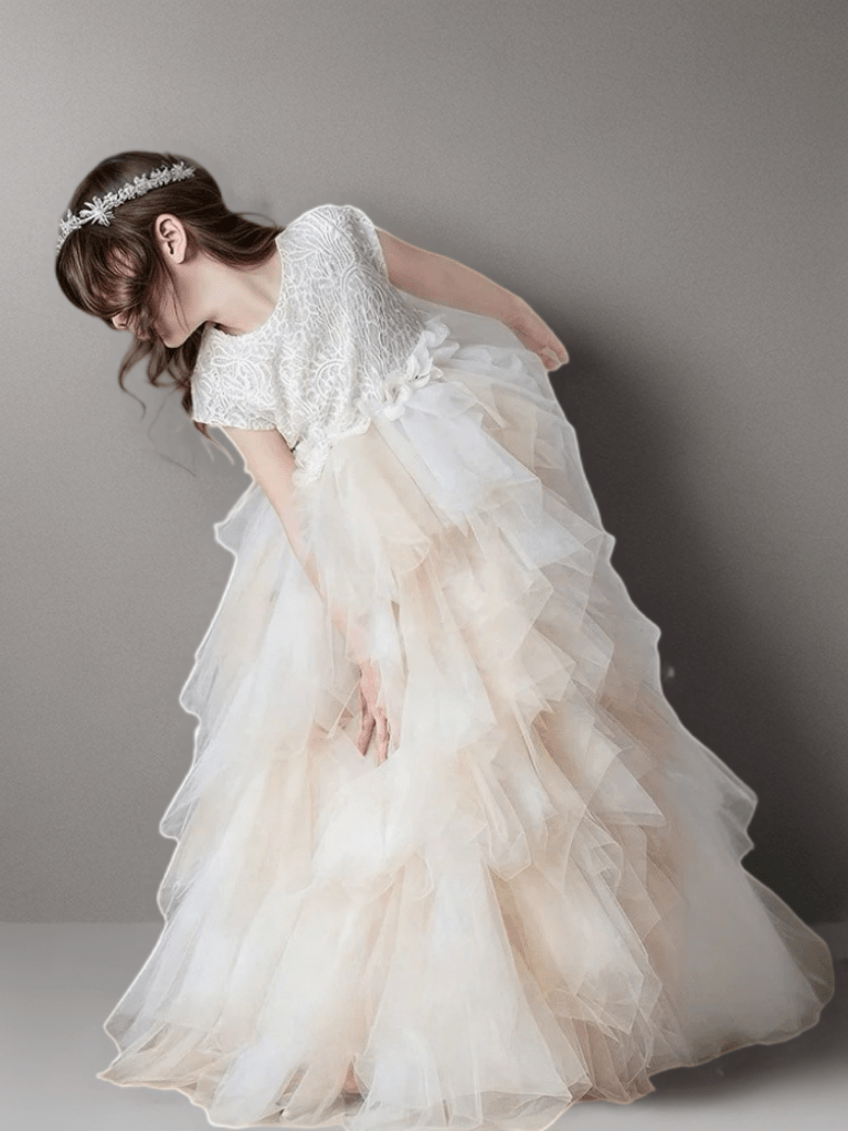 Champagne Layered Tulle Flower Girl Dress with Textured Bodice – Special Occasion Flower Girl Dress Plus Size - WonderlandByLilian