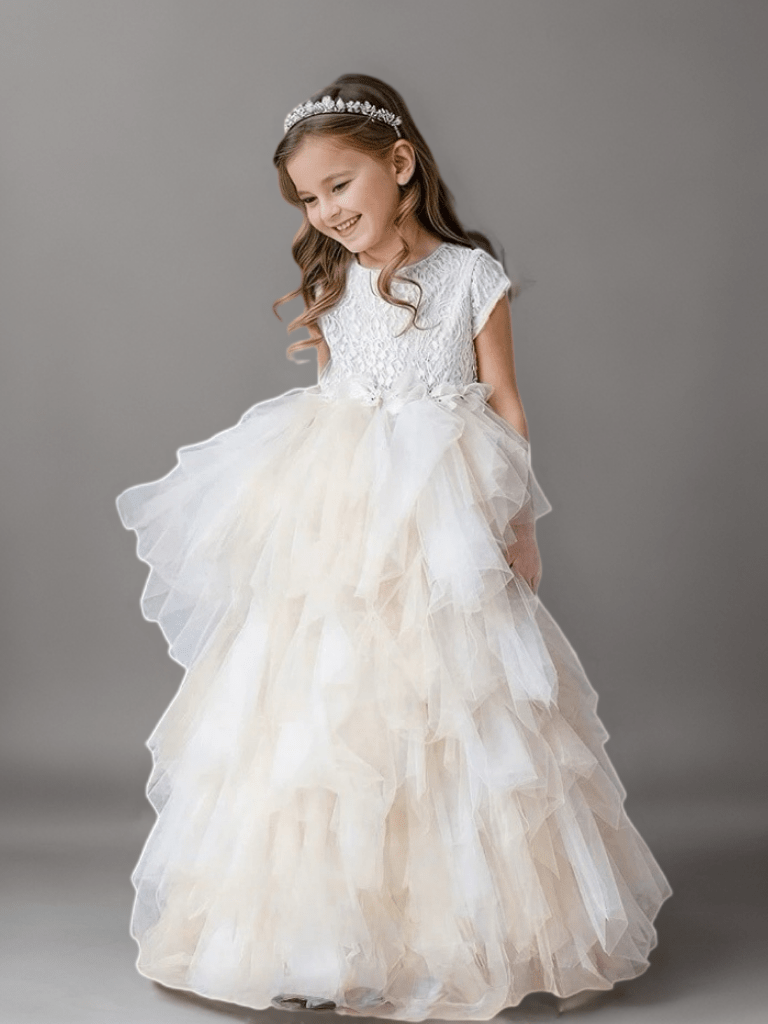 Champagne Layered Tulle Flower Girl Dress with Textured Bodice – Special Occasion Flower Girl Dress Plus Size