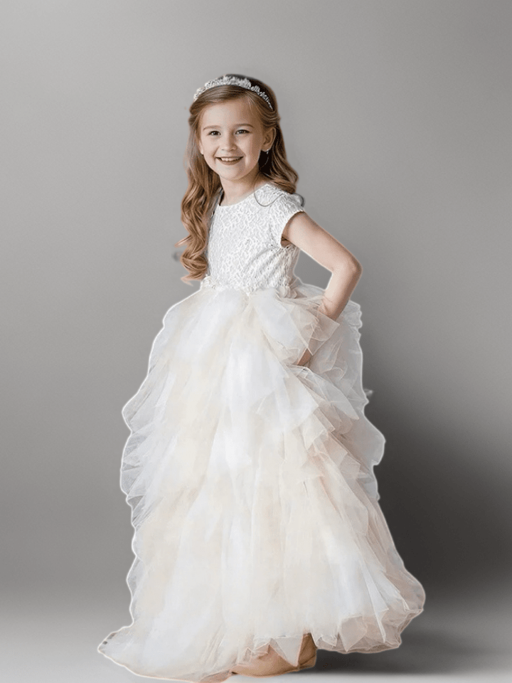 Champagne Layered Tulle Flower Girl Dress with Textured Bodice – Special Occasion Flower Girl Dress Plus Size - WonderlandByLilian