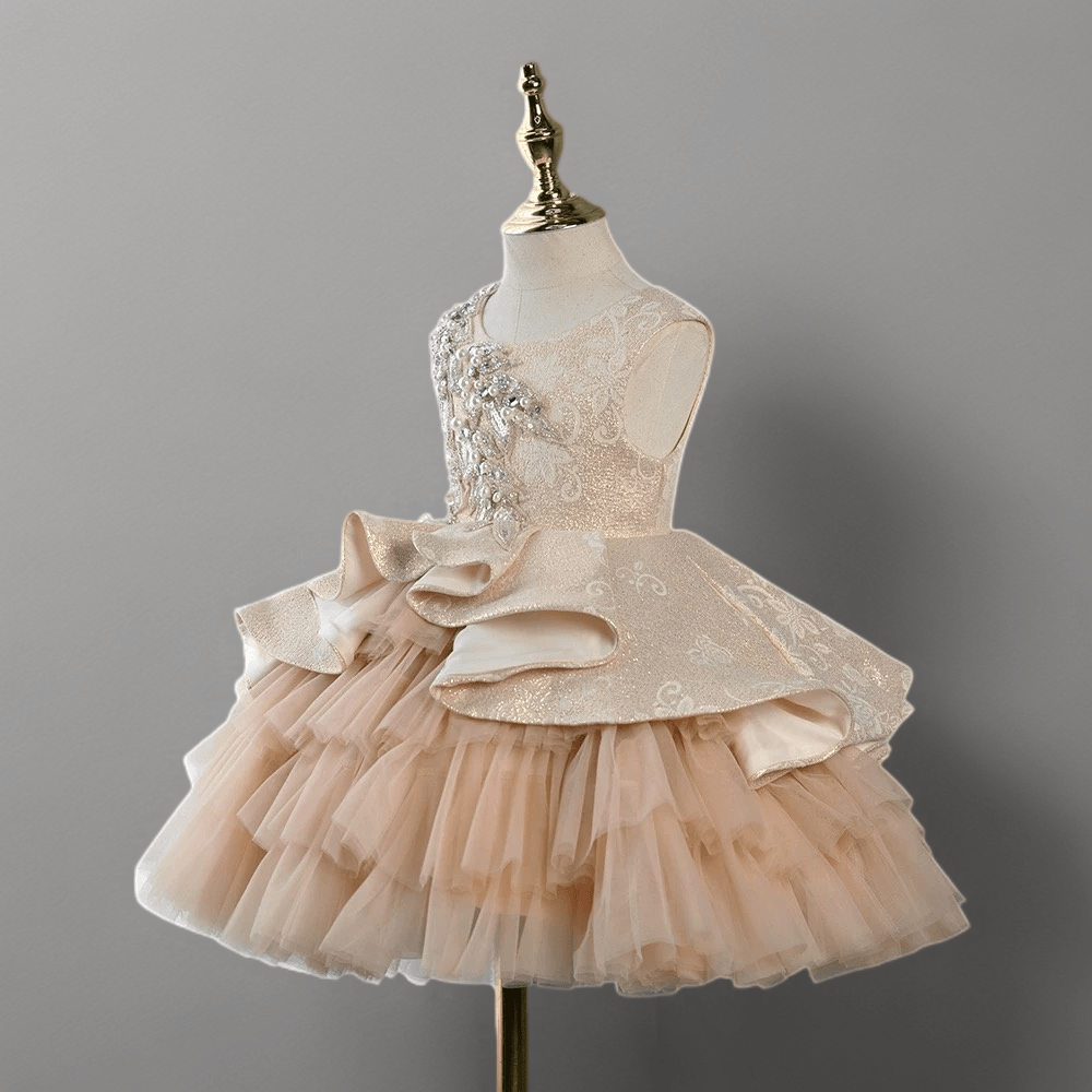 Champagne Layered Tulle Toddler Flower Girl Dress with Beaded Bodice – Special Occasion Girl Dress Plus Size 18-24 month / Champagne