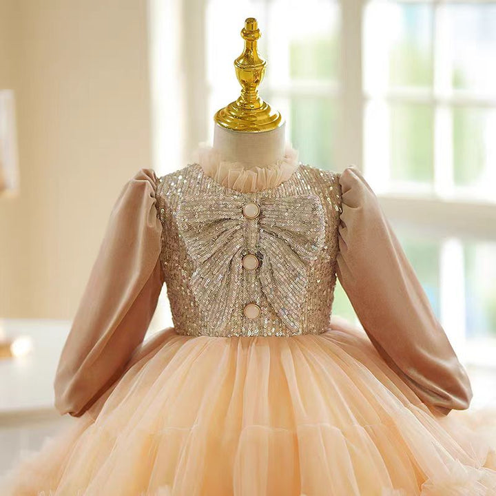 Champagne Long Sleeve Flower Girl Dress with Sequined Bow and Tulle Skirt for Wedding – Plus Size - WonderlandByLilian