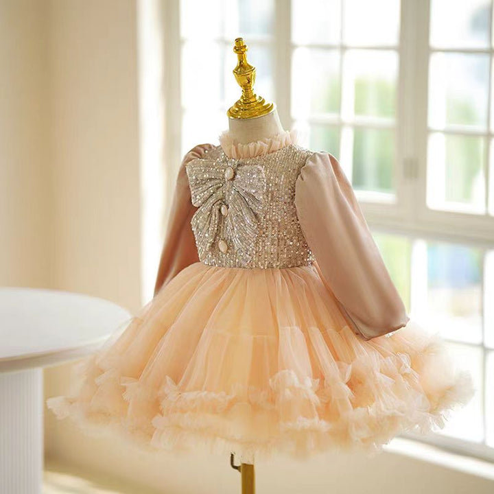 Champagne Long Sleeve Flower Girl Dress with Sequined Bow and Tulle Skirt for Wedding – Plus Size - WonderlandByLilian