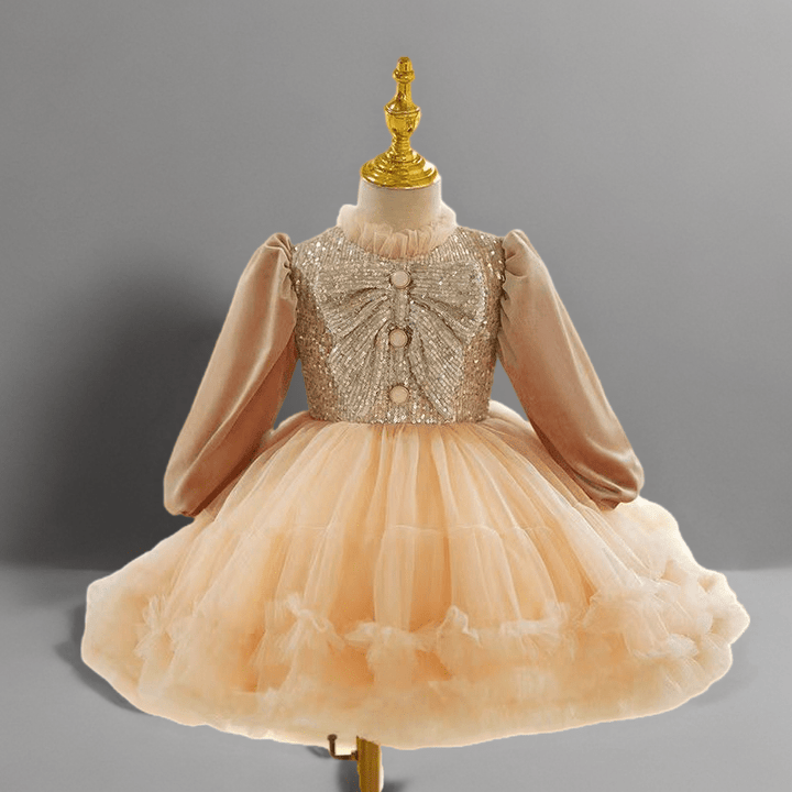 Champagne Long Sleeve Flower Girl Dress with Sequined Bow and Tulle Skirt for Wedding – Plus Size - WonderlandByLilian