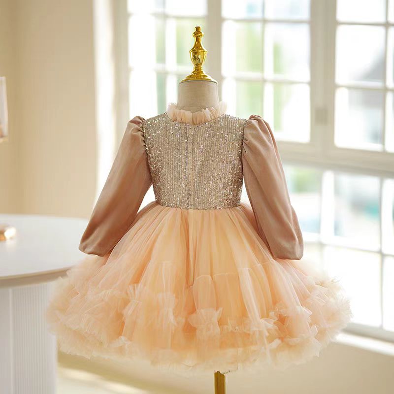 Champagne Long Sleeve Flower Girl Dress with Sequined Bow and Tulle Skirt for Wedding – Plus Size - WonderlandByLilian