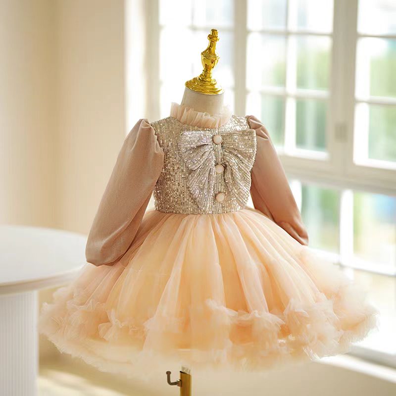 Champagne Long Sleeve Flower Girl Dress with Sequined Bow and Tulle Skirt for Wedding – Plus Size - WonderlandByLilian