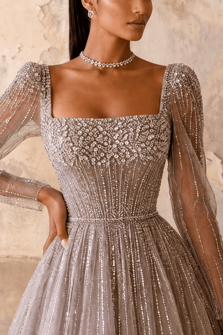 Champagne Long Sleeve Sequin Evening Gown – Sparkly Maxi Dress with Embellished Bodice Plus Size - WonderlandByLilian