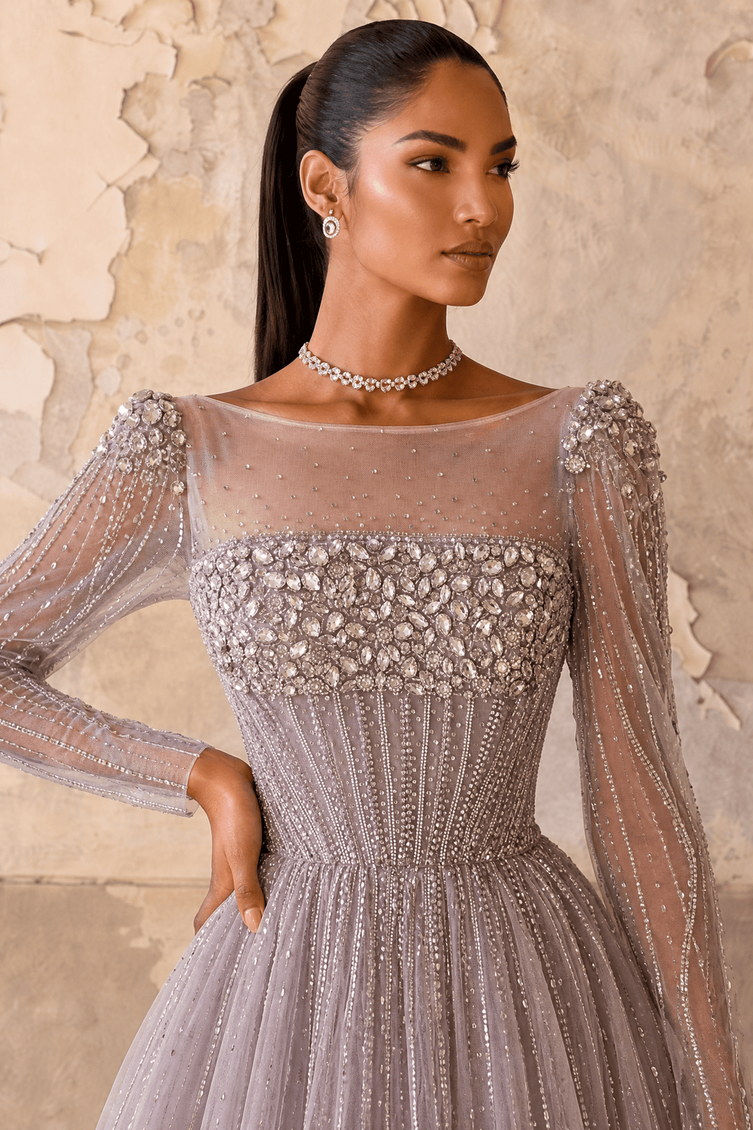 Champagne Long Sleeve Sequin Evening Gown – Sparkly Maxi Dress with Embellished Bodice Plus Size - WonderlandByLilian