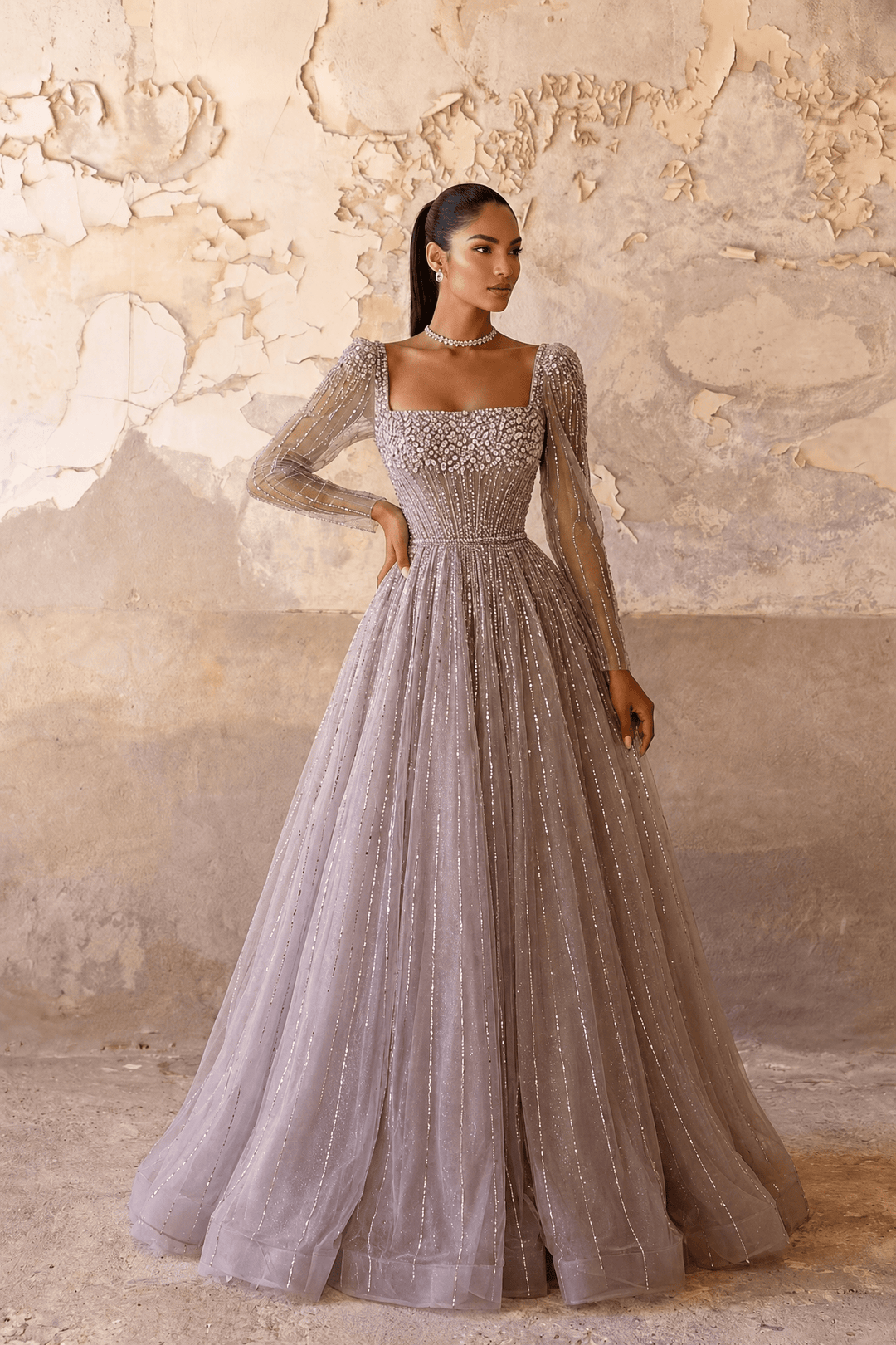 Champagne Long Sleeve Sequin Evening Gown – Sparkly Maxi Dress with Embellished Bodice Plus Size - WonderlandByLilian