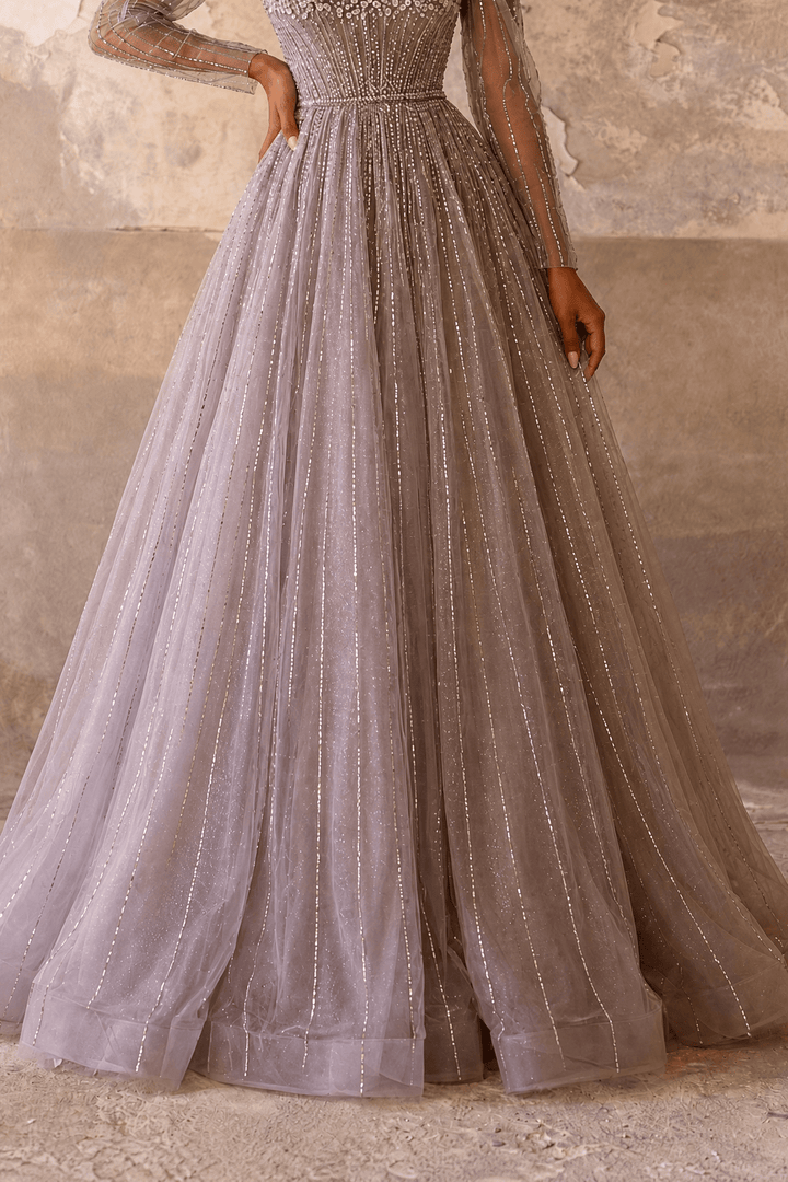 Champagne Long Sleeve Sequin Evening Gown – Sparkly Maxi Dress with Embellished Bodice Plus Size - WonderlandByLilian