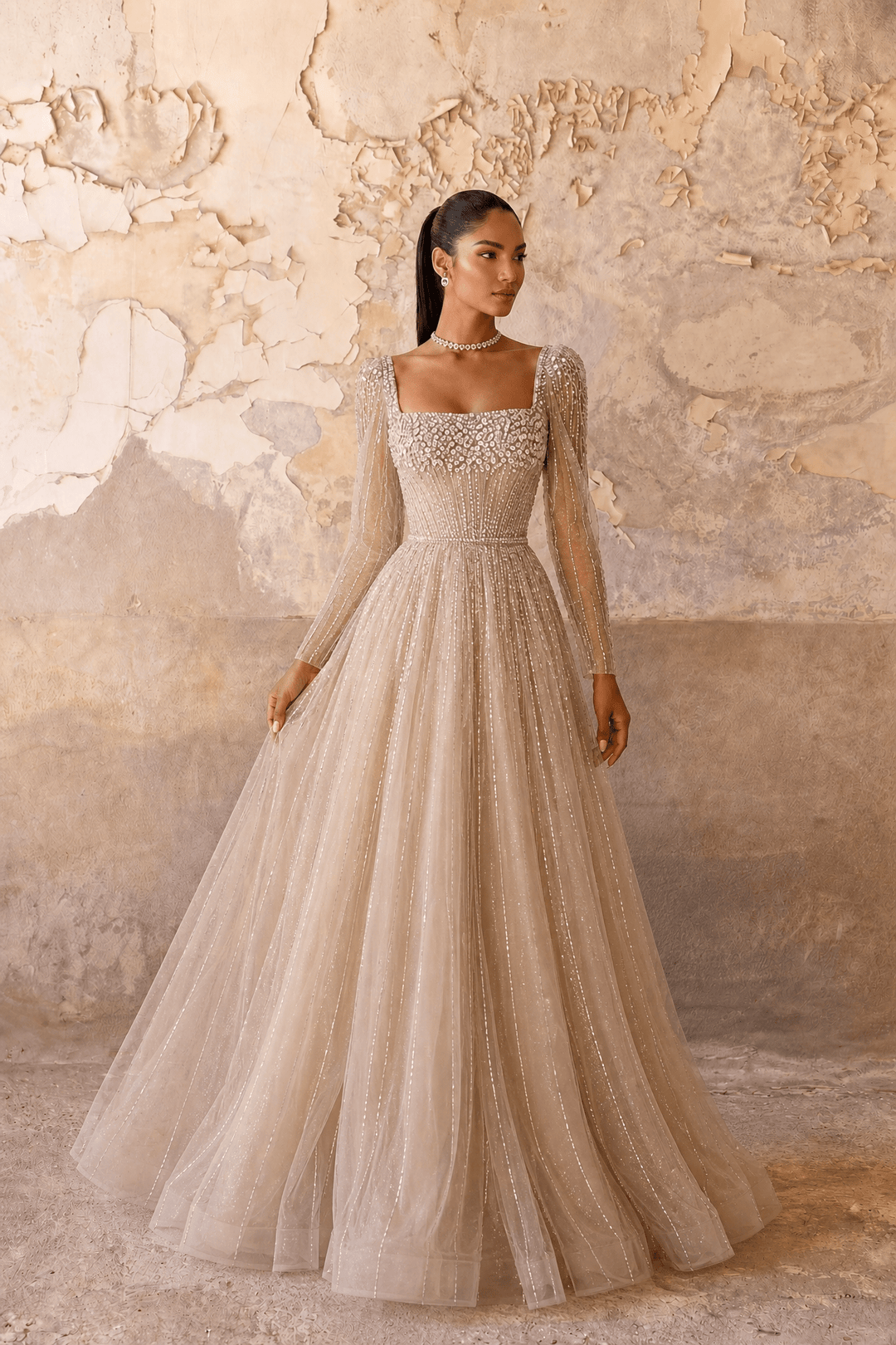 Champagne Long Sleeve Sequin Evening Gown – Sparkly Maxi Dress with Embellished Bodice Plus Size - WonderlandByLilian