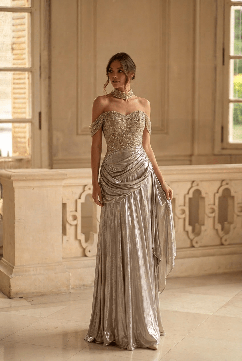 Champagne Metallic Satin Evening Gown with Off - Shoulder Draped Bodice and Lace - Up Corset Back Elegant Formal Dress Plus Size - WonderlandByLilian