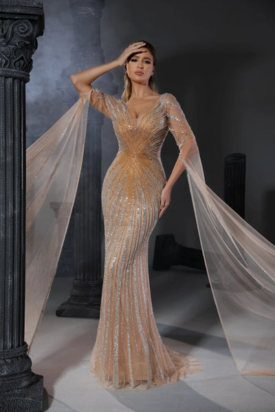 Champagne Mother Of The Bride Dress Gold Sequined Gown with Sheer Cape Sleeves and Plunging Back - WonderlandByLilian