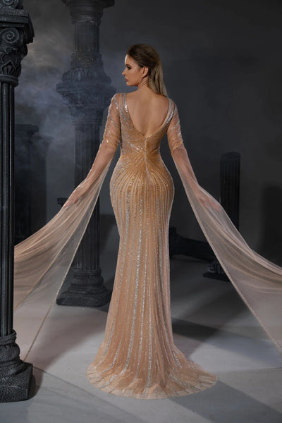 Champagne Mother Of The Bride Dress Gold Sequined Gown with Sheer Cape Sleeves and Plunging Back - WonderlandByLilian