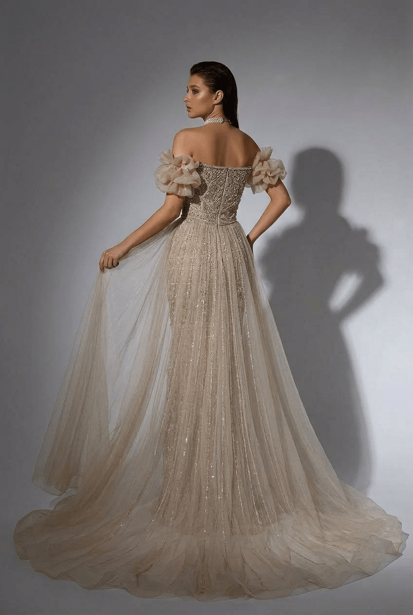 Champagne Off-Shoulder Embellished Gown with Slit – Sparkly Maxi Dress with Tulle Overskirt Plus Size Size 4 / Champagne / with Choker
