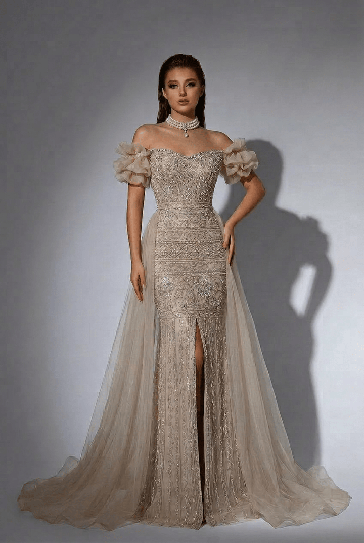 Champagne Off - Shoulder Embellished Gown with Slit – Sparkly Maxi Dress with Tulle Overskirt Plus Size - WonderlandByLilian