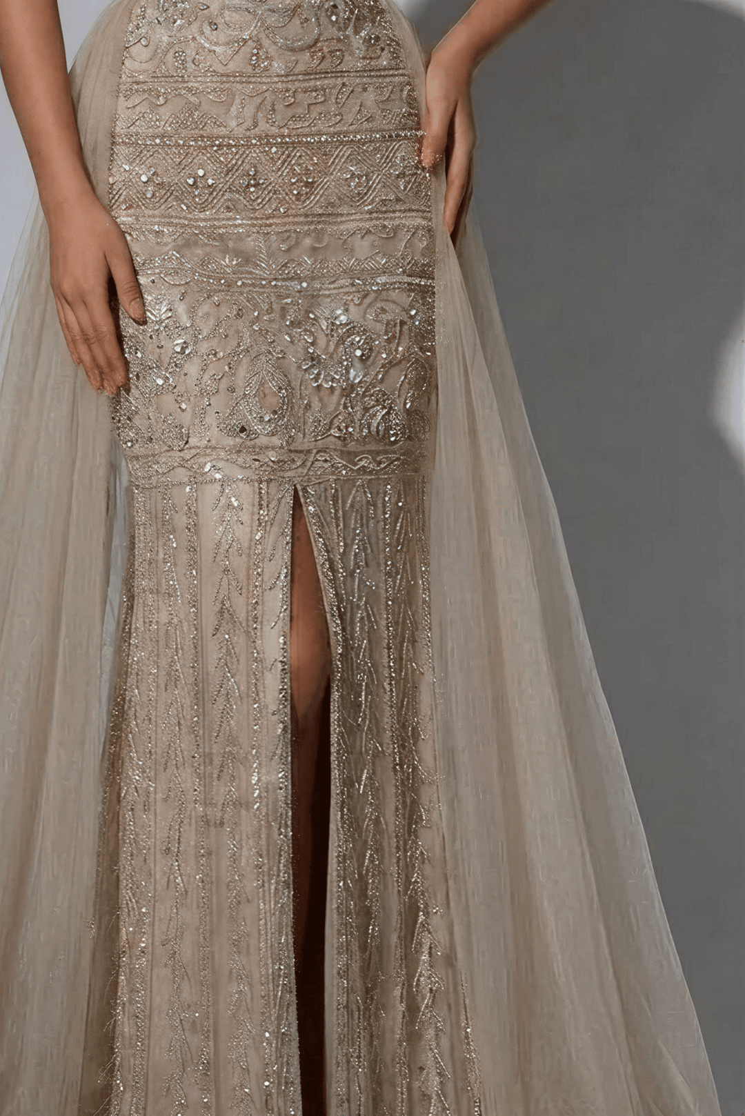 Champagne Off - Shoulder Embellished Gown with Slit – Sparkly Maxi Dress with Tulle Overskirt Plus Size - WonderlandByLilian