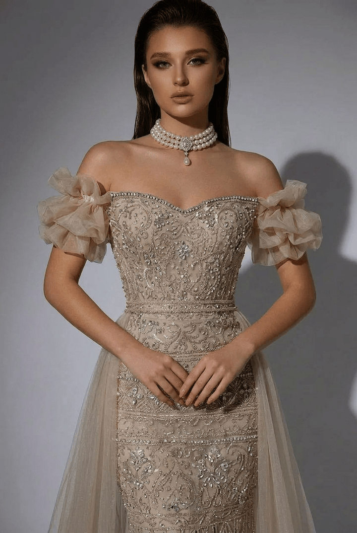 Champagne Off - Shoulder Embellished Gown with Slit – Sparkly Maxi Dress with Tulle Overskirt Plus Size - WonderlandByLilian