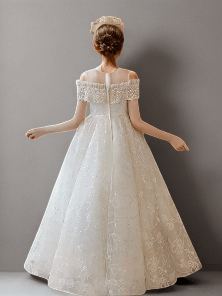 Champagne Off Shoulder Flower Girl Dress with Beaded Bodice – Lace Flower Girl Dress with Tulle Plus Size 11-12Y / Champagne