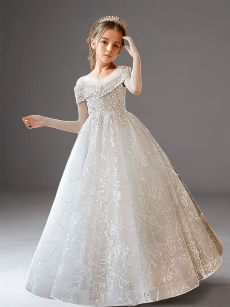 Champagne Off Shoulder Flower Girl Dress with Beaded Bodice – Lace Flower Girl Dress with Tulle Plus Size - WonderlandByLilian