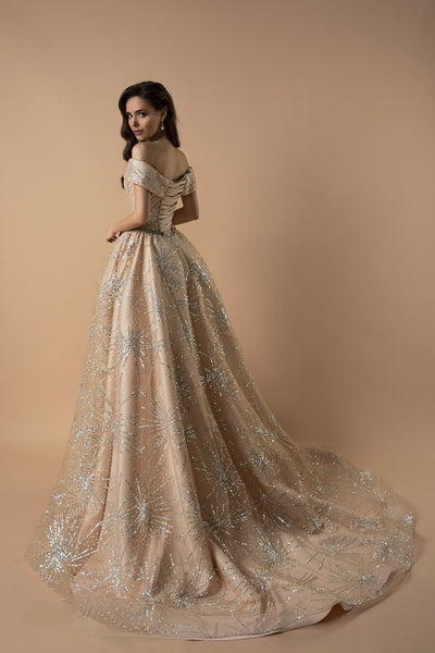 Champagne Off-Shoulder Wedding dresses - Princess Sparkle Glitter Evening gown with Sweetheart Neckline Plus Size - WonderlandByLilian