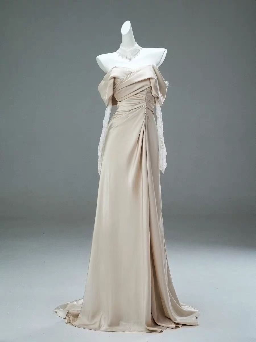 Champagne Off - the - Shoulder Draped Evening Gown - Plus Size Elegant Modest Dress - WonderlandByLilian