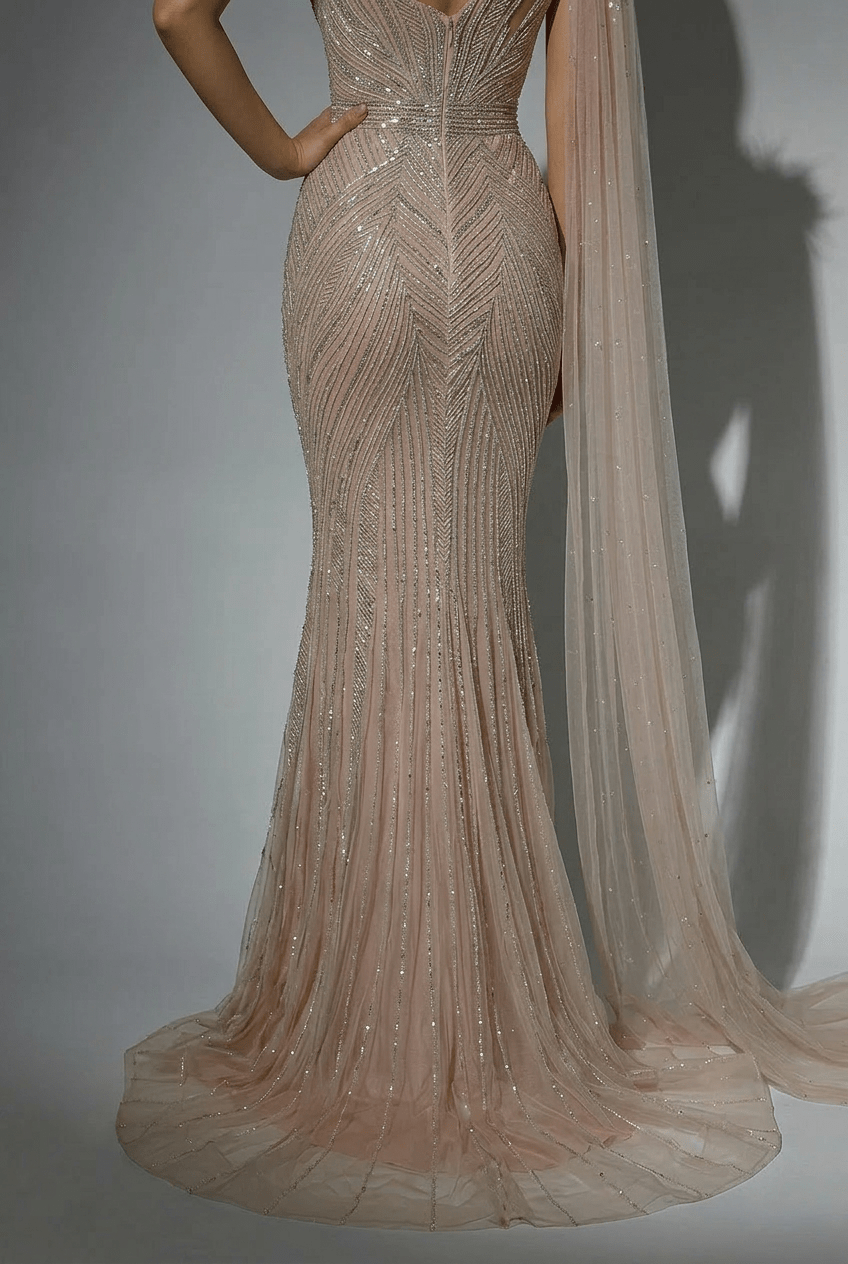 Champagne One Shoulder Sequin Evening Dress with Draped Tulle Sleeve – Sparkly Maxi Dress Plus Size - WonderlandByLilian
