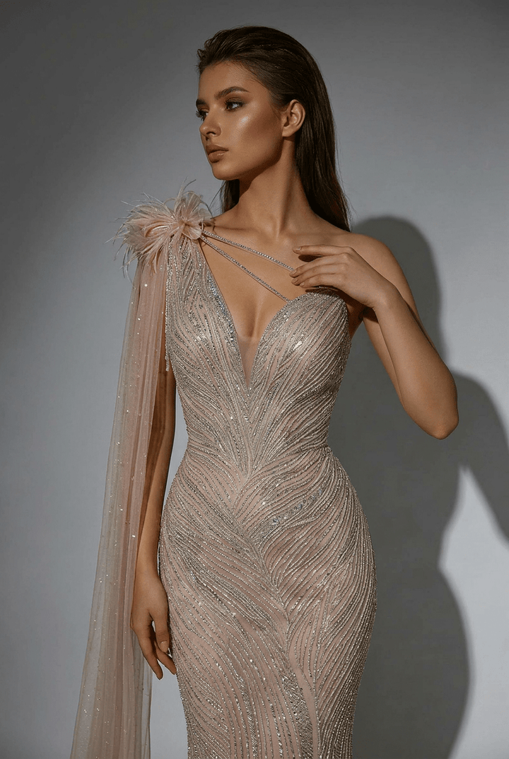 Champagne One Shoulder Sequin Evening Dress with Draped Tulle Sleeve – Sparkly Maxi Dress Plus Size - WonderlandByLilian
