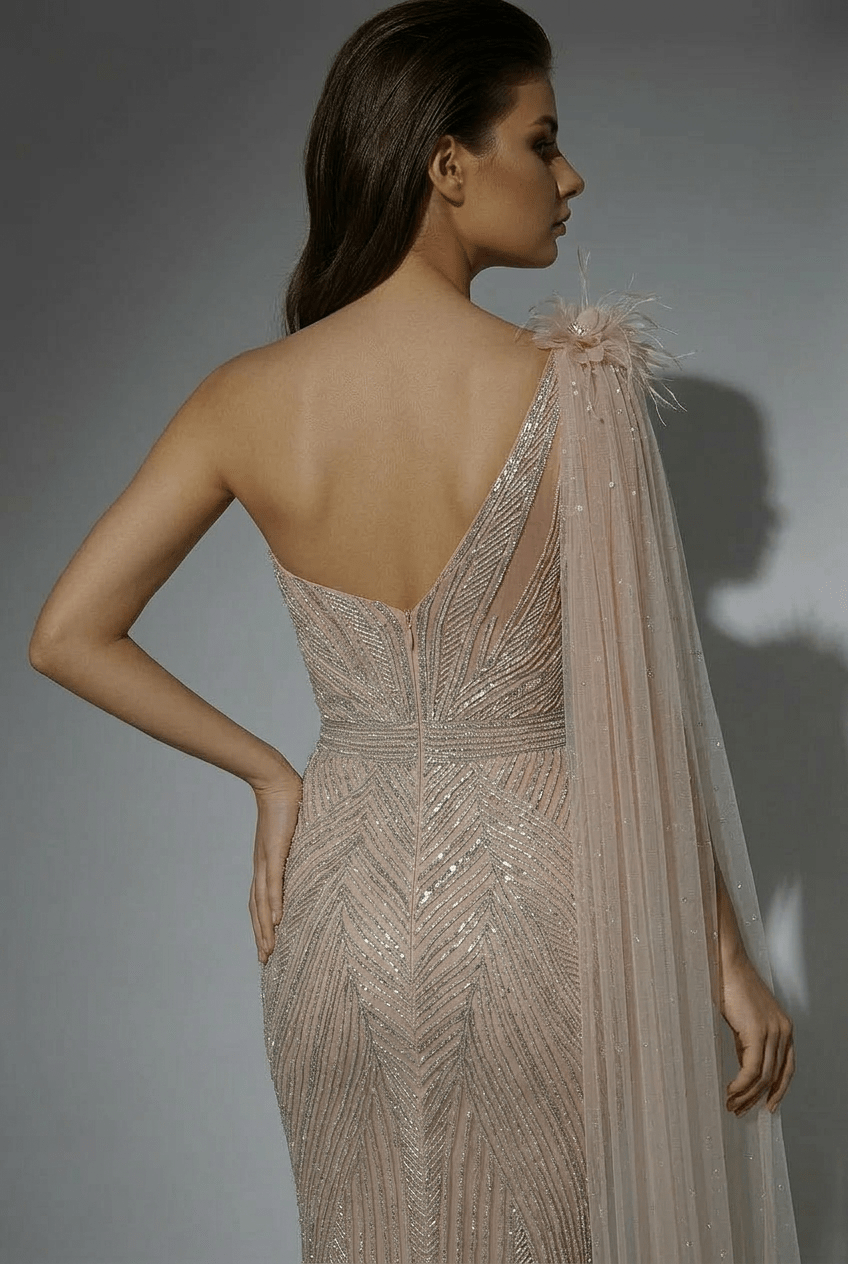 Champagne One Shoulder Sequin Evening Dress with Draped Tulle Sleeve – Sparkly Maxi Dress Plus Size - WonderlandByLilian