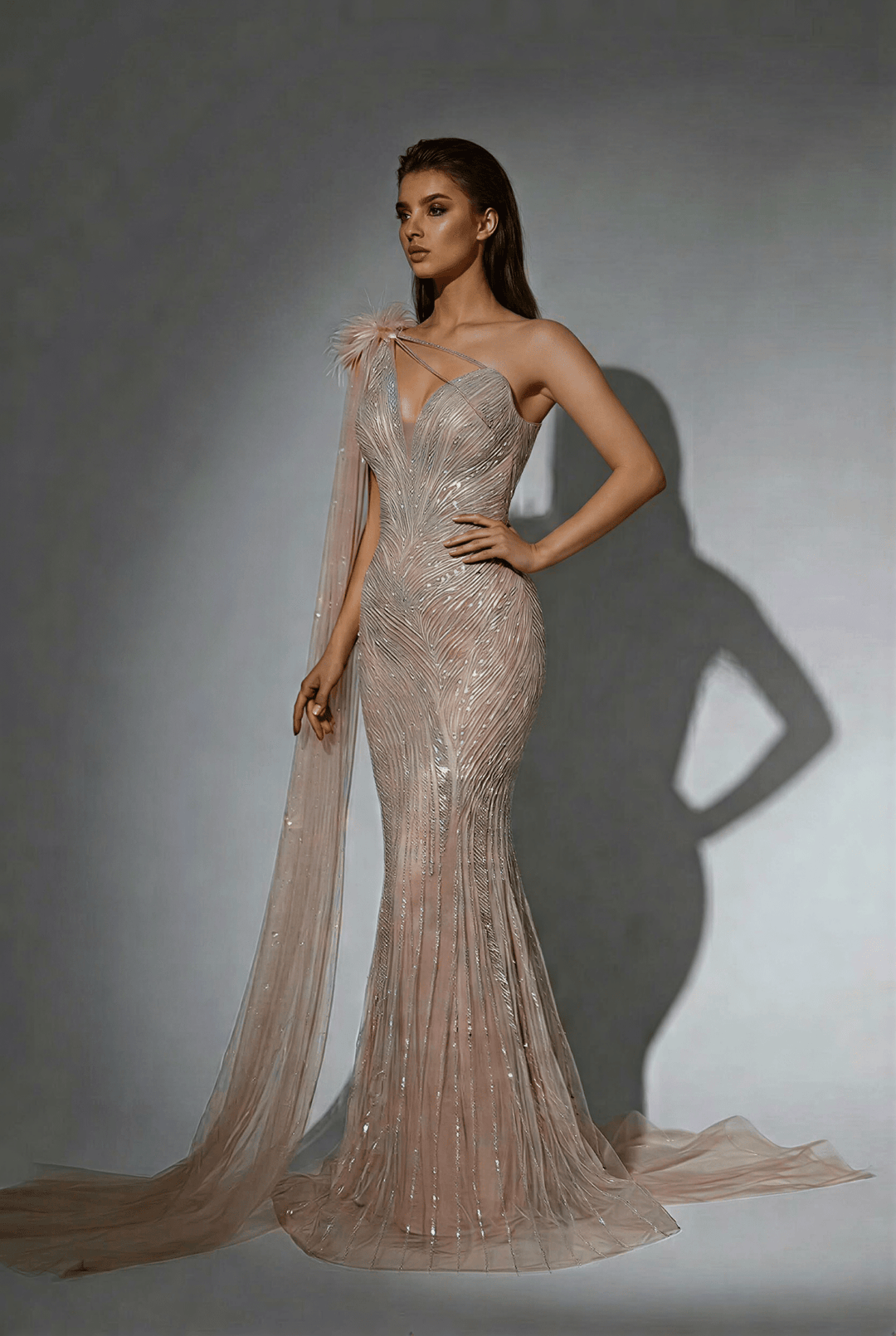 Champagne One Shoulder Sequin Evening Dress with Draped Tulle Sleeve – Sparkly Maxi Dress Plus Size - WonderlandByLilian