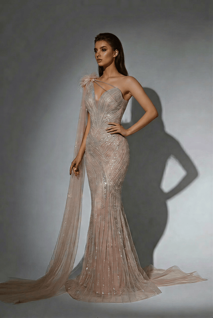 Champagne One Shoulder Sequin Evening Dress with Draped Tulle Sleeve – Sparkly Maxi Dress Plus Size - WonderlandByLilian