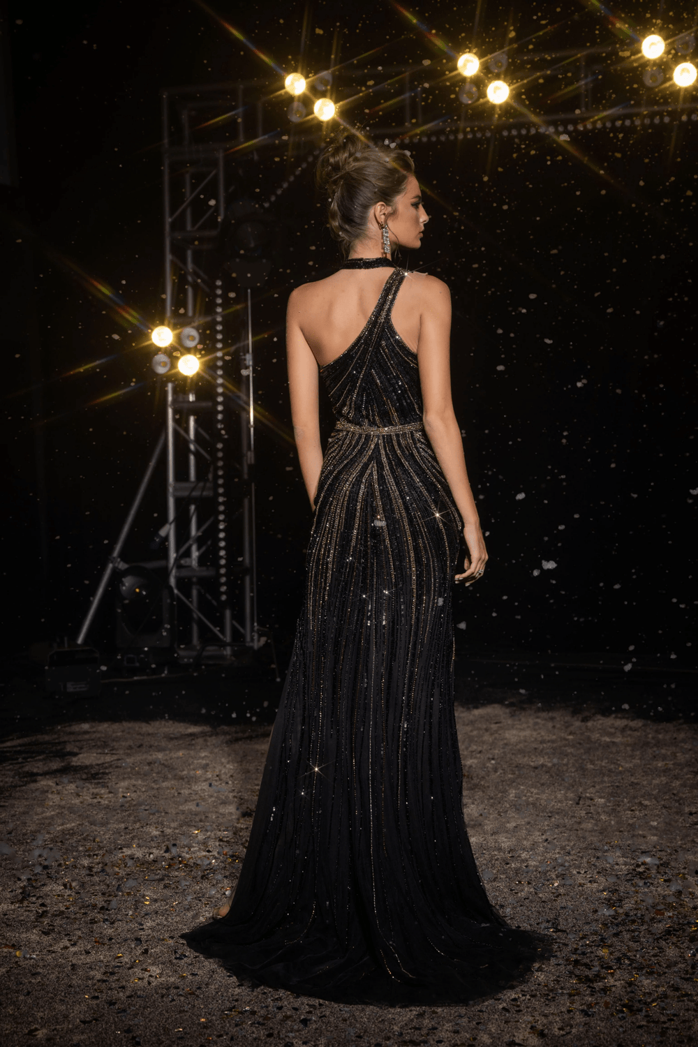 Champagne Pretty Sequin Dress with Asymmetrical Neckline - Champagne Tight Gitted Prom Dress with Side Slit Plus Size - WonderlandByLilian