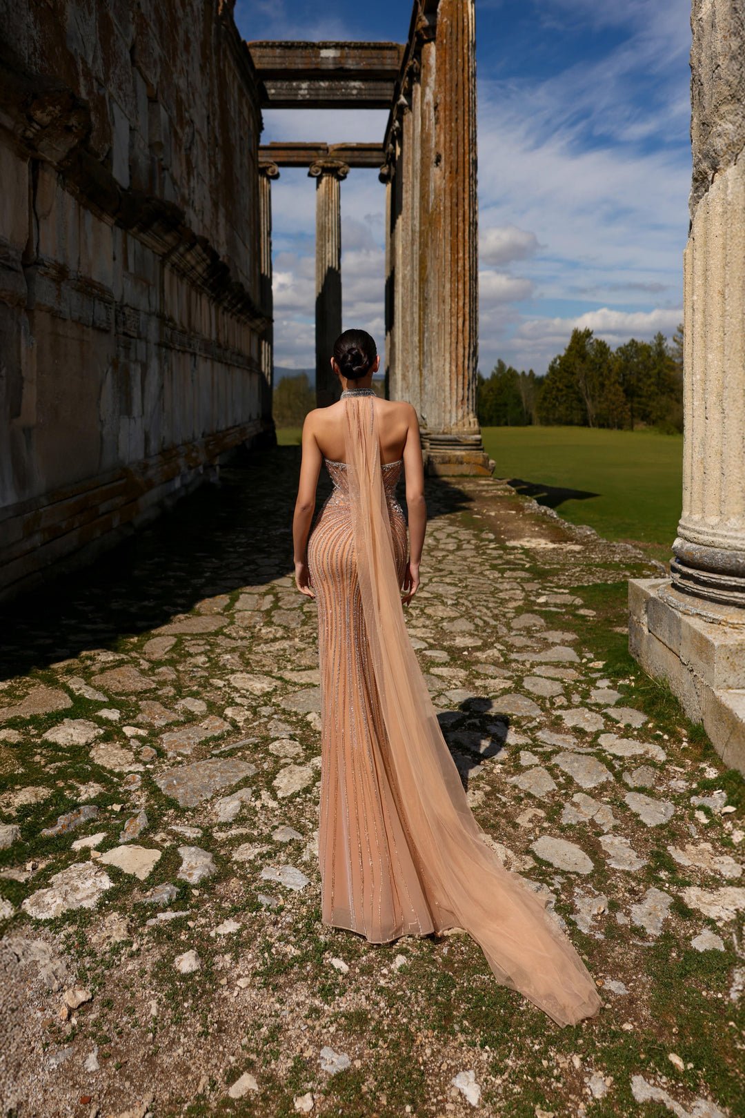 Champagne Pretty Sequin Dress with Deep V Neck – Glitter Maxi Dress with Sheer Tulle Train Plus Size - WonderlandByLilian
