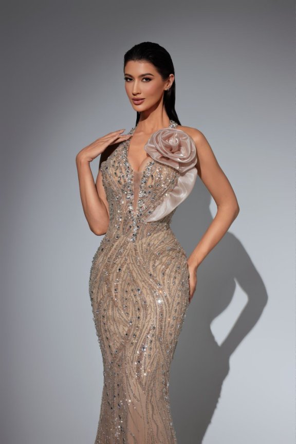 Champagne Pretty Sequin Dress with Halter Neck and Floral Shoulder – Black Glitter Maxi Dress Plus Size - WonderlandByLilian