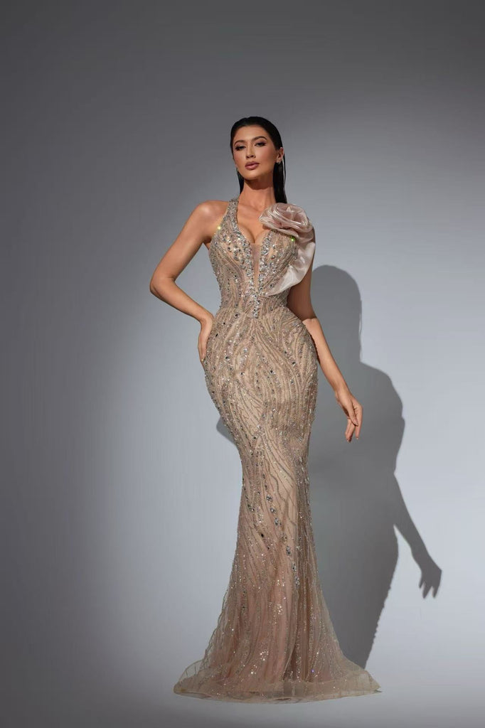 Champagne Pretty Sequin Dress with Halter Neck and Floral Shoulder – Black Glitter Maxi Dress Plus Size Size 16 / Champagne