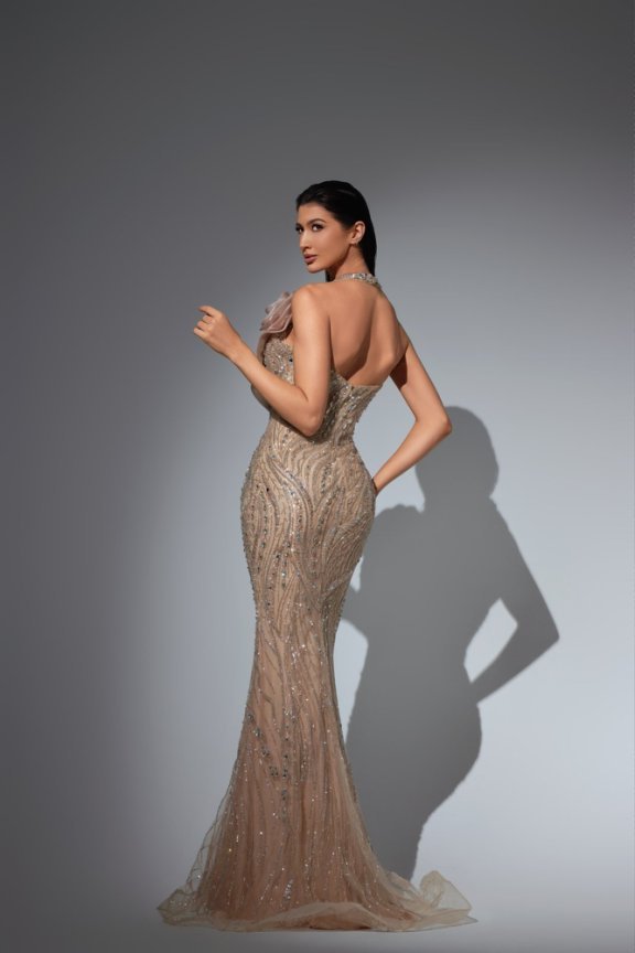 Champagne Pretty Sequin Dress with Halter Neck and Floral Shoulder – Black Glitter Maxi Dress Plus Size - WonderlandByLilian