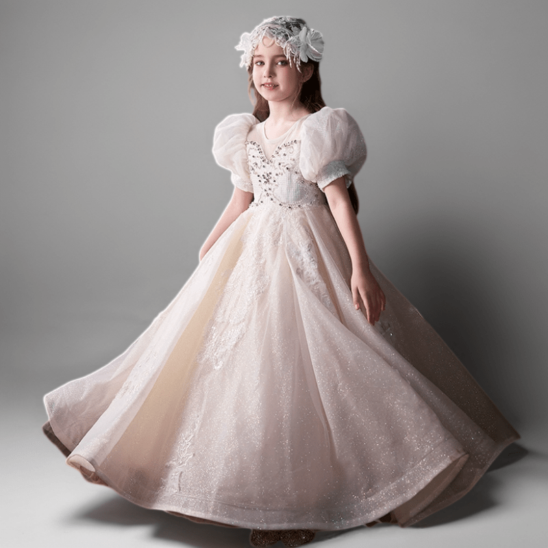 Champagne Puff Sleeve Flower Girl Dress with Beaded Bodice – Elegant Lace Flower Girl Dress Plus Size - WonderlandByLilian