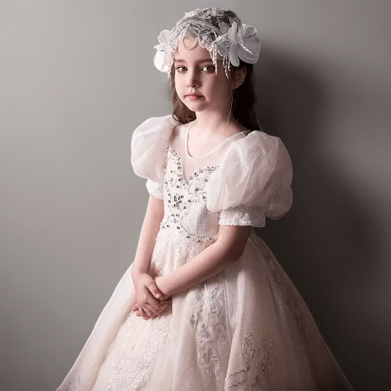Champagne Puff Sleeve Flower Girl Dress with Beaded Bodice – Elegant Lace Flower Girl Dress Plus Size - WonderlandByLilian