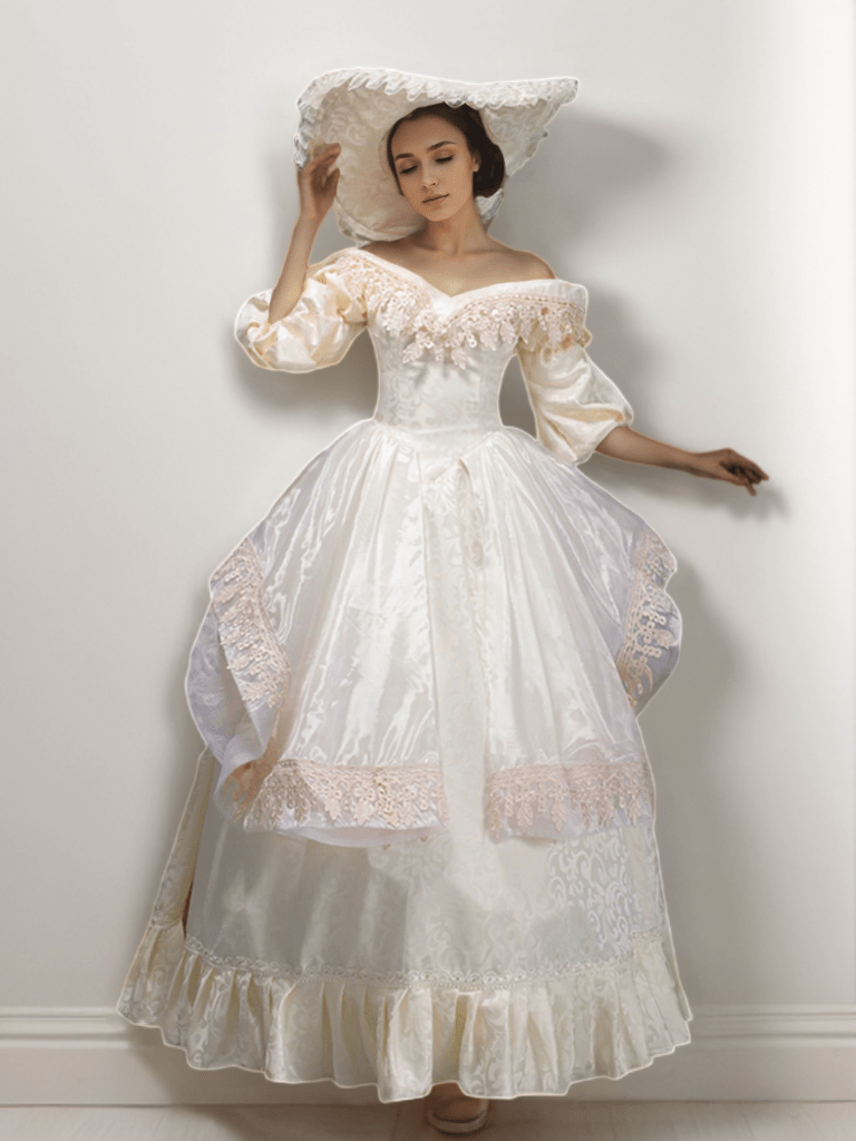 Champagne Rococo Ball Gown - Opulent Golden Trimmed Victorian Dress wi ...