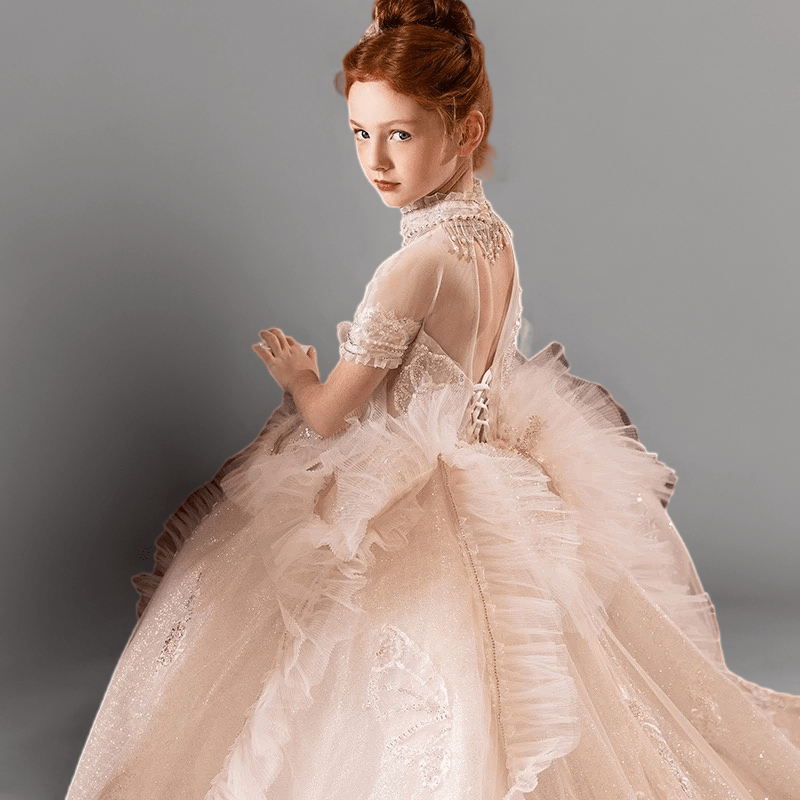 Champagne Ruffled Lace Flower Girl Dress with Train – Elegant Long Sleeve Flower Girl Dress Plus Size - WonderlandByLilian