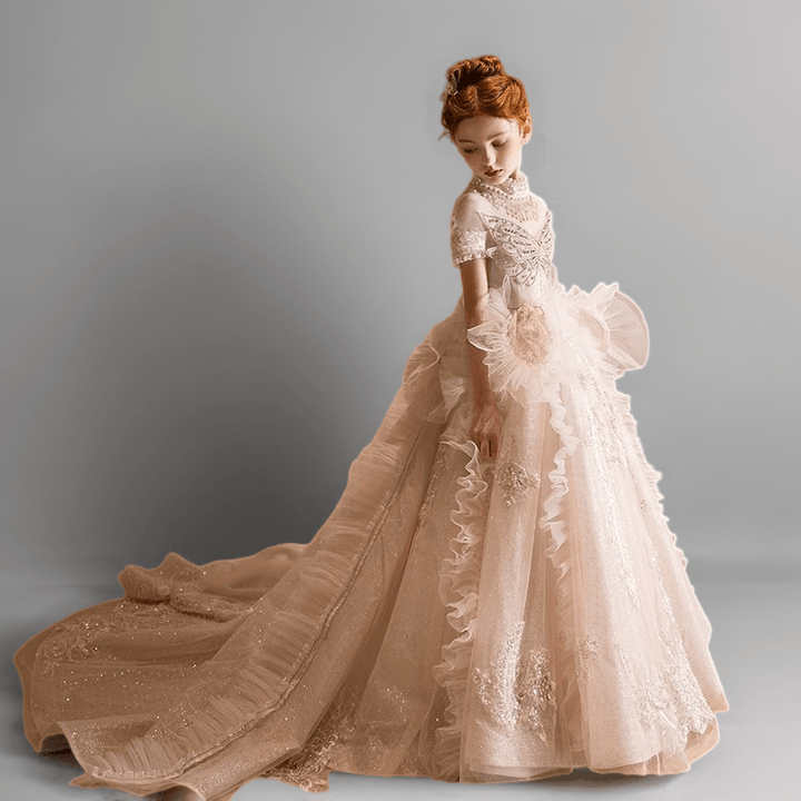 Champagne Ruffled Lace Flower Girl Dress with Train – Elegant Long Sleeve Flower Girl Dress Plus Size - WonderlandByLilian