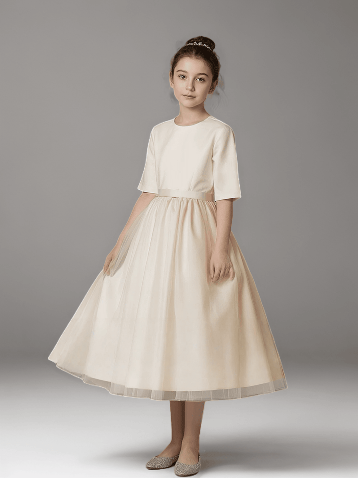 Champagne Satin and Tulle Flower Girl Dress with Half Sleeves – Elegant Tea Length Flower Girl Dress Plus Size - WonderlandByLilian