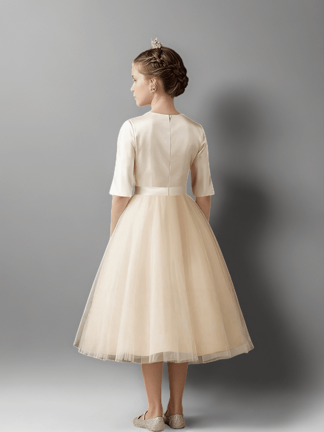 Champagne Satin and Tulle Flower Girl Dress with Half Sleeves – Elegant Tea Length Flower Girl Dress Plus Size 13-14Y / Champagne