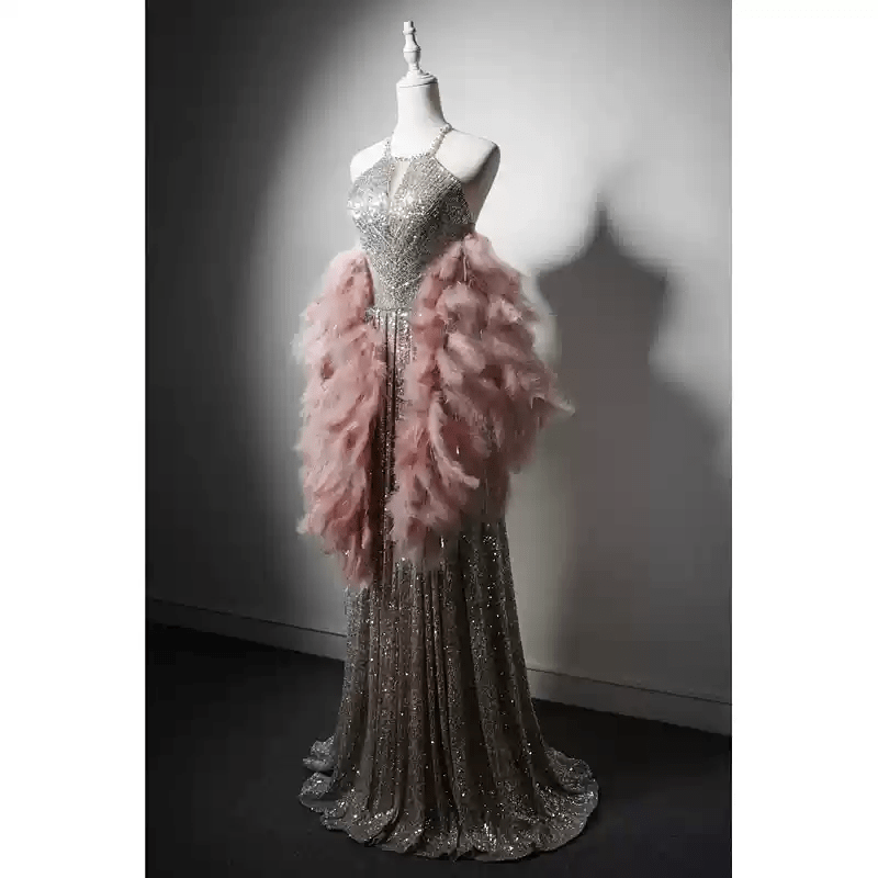 Champagne Sequin and Feather Dress - Designer Sequin Gown - Convertible Dress with Embellished Bodice Plus Size - WonderlandByLilian