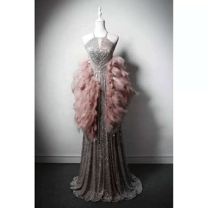 Champagne Sequin and Feather Dress - Designer Sequin Gown - Convertible Dress with Embellished Bodice Plus Size - WonderlandByLilian