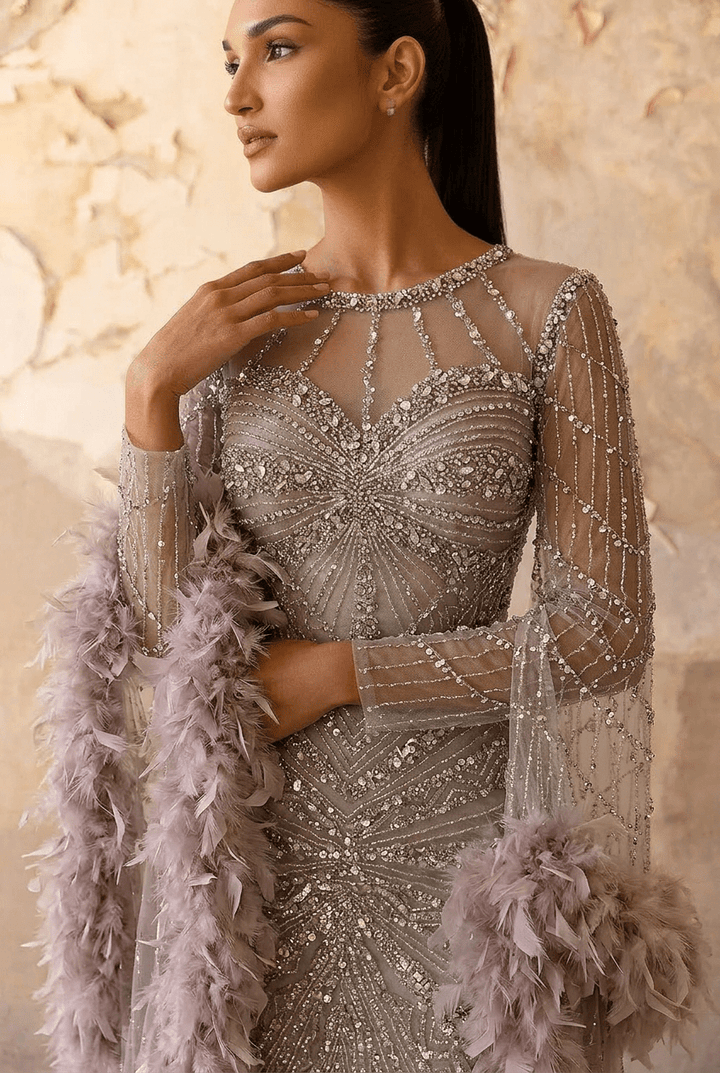 Champagne Sequin and Feather Dress – Designer Sequin Gown with Long Sleeves and Train Plus Size - WonderlandByLilian