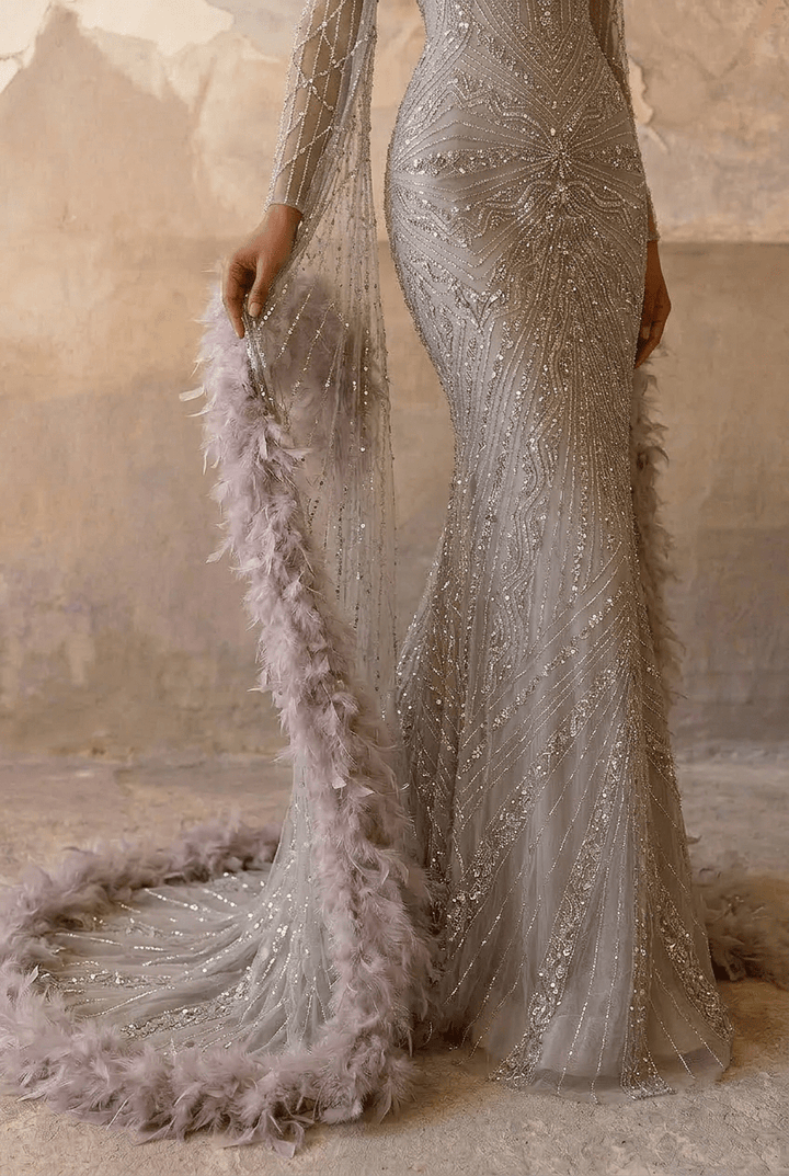 Champagne Sequin and Feather Dress – Designer Sequin Gown with Long Sleeves and Train Plus Size - WonderlandByLilian