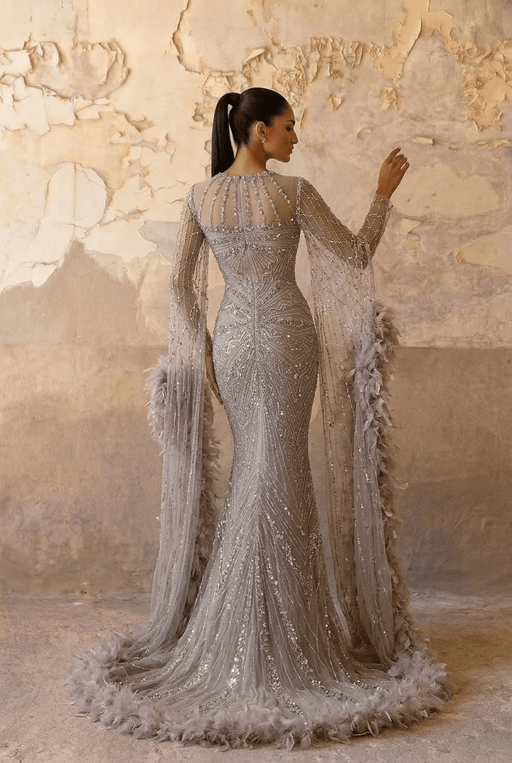 Champagne Sequin and Feather Dress – Designer Sequin Gown with Long Sleeves and Train Plus Size - WonderlandByLilian