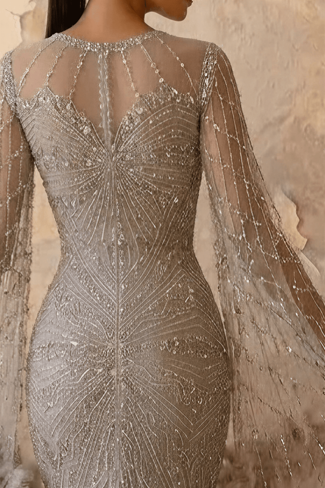 Champagne Sequin and Feather Dress – Designer Sequin Gown with Long Sleeves and Train Plus Size - WonderlandByLilian