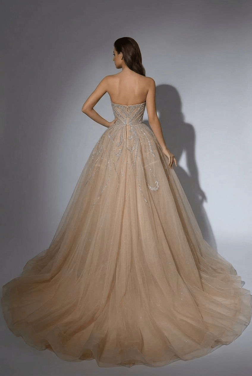 Champagne Sequin Ball Gown with Strapless Sweetheart Bodice – Glitter Maxi Dress Plus Size - WonderlandByLilian